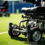 detailed shot of a powerchairs wheels on a football pitch